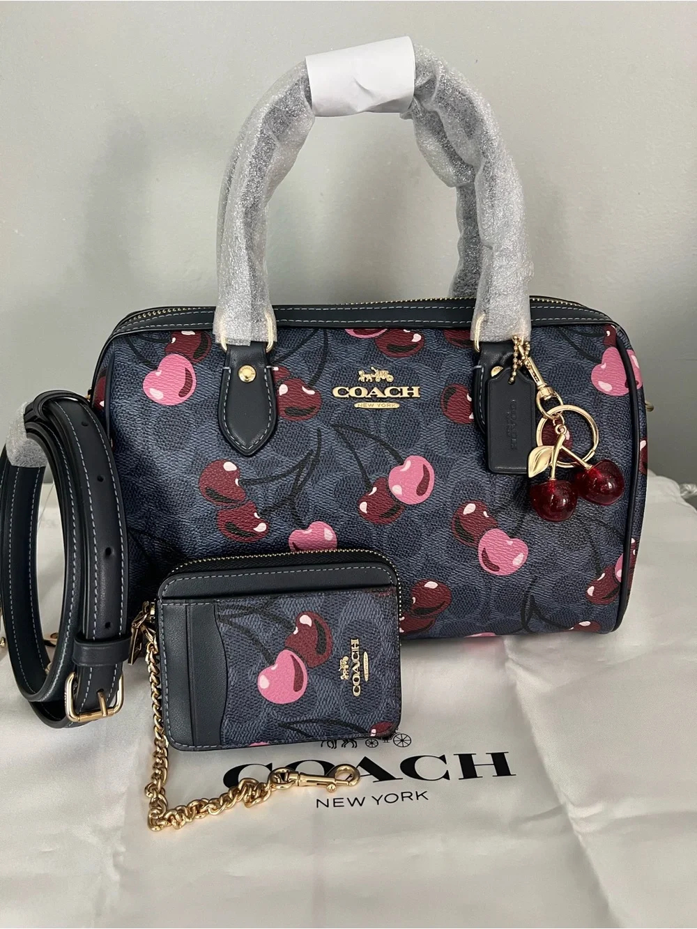 Rowan Satchel Bag Signature Canvas With Cherry 🍒Print Denim Multi Set